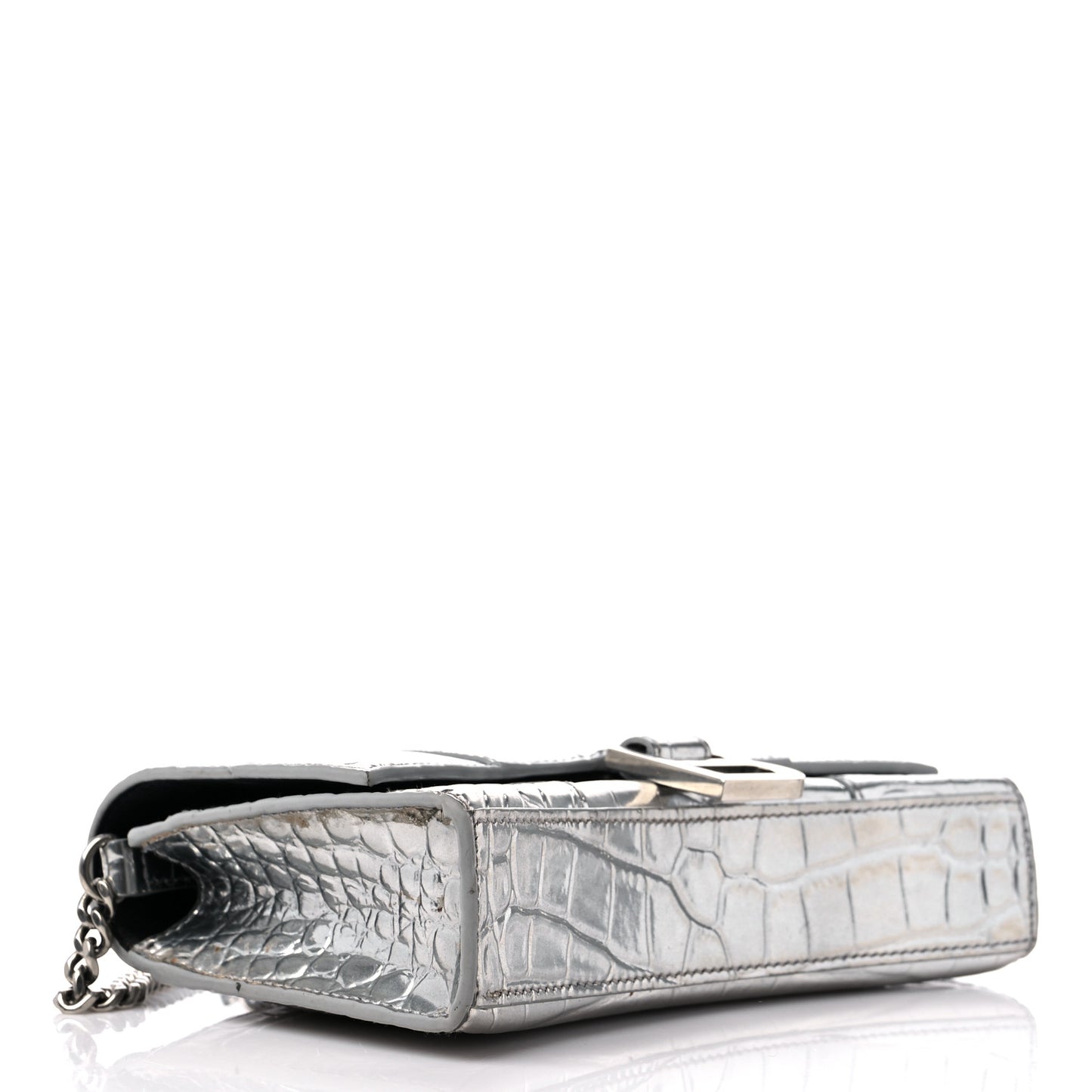 Metallic Calfskin Crocodile Embossed Hourglass Chain Bag Silver