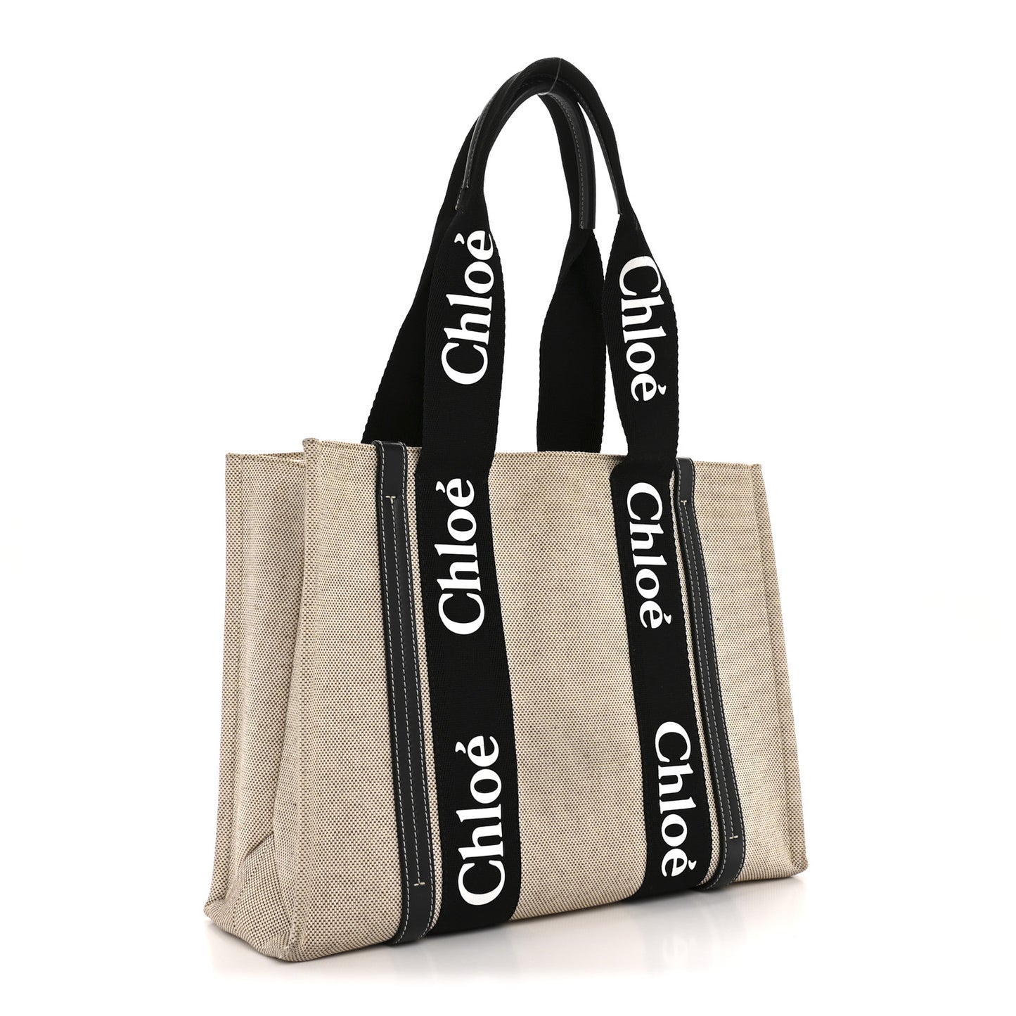 Linen Calfskin Medium Woody Ribbon Tote Black Blue