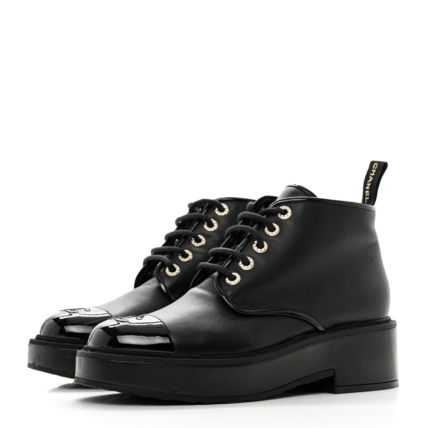 Chanel Shiny Calfskin Pearl Lace Up Combat Short Boots 41 Black 3 of 8