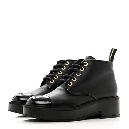 Chanel Shiny Calfskin Pearl Lace Up Combat Short Boots 41 Black 3 of 8