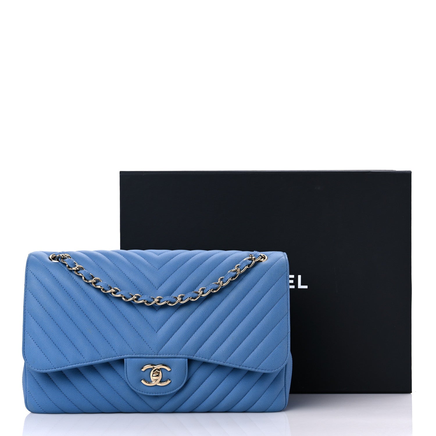 Chanel Caviar Flat Chevron Quilted Jumbo Double Flap Blue 19 of 19