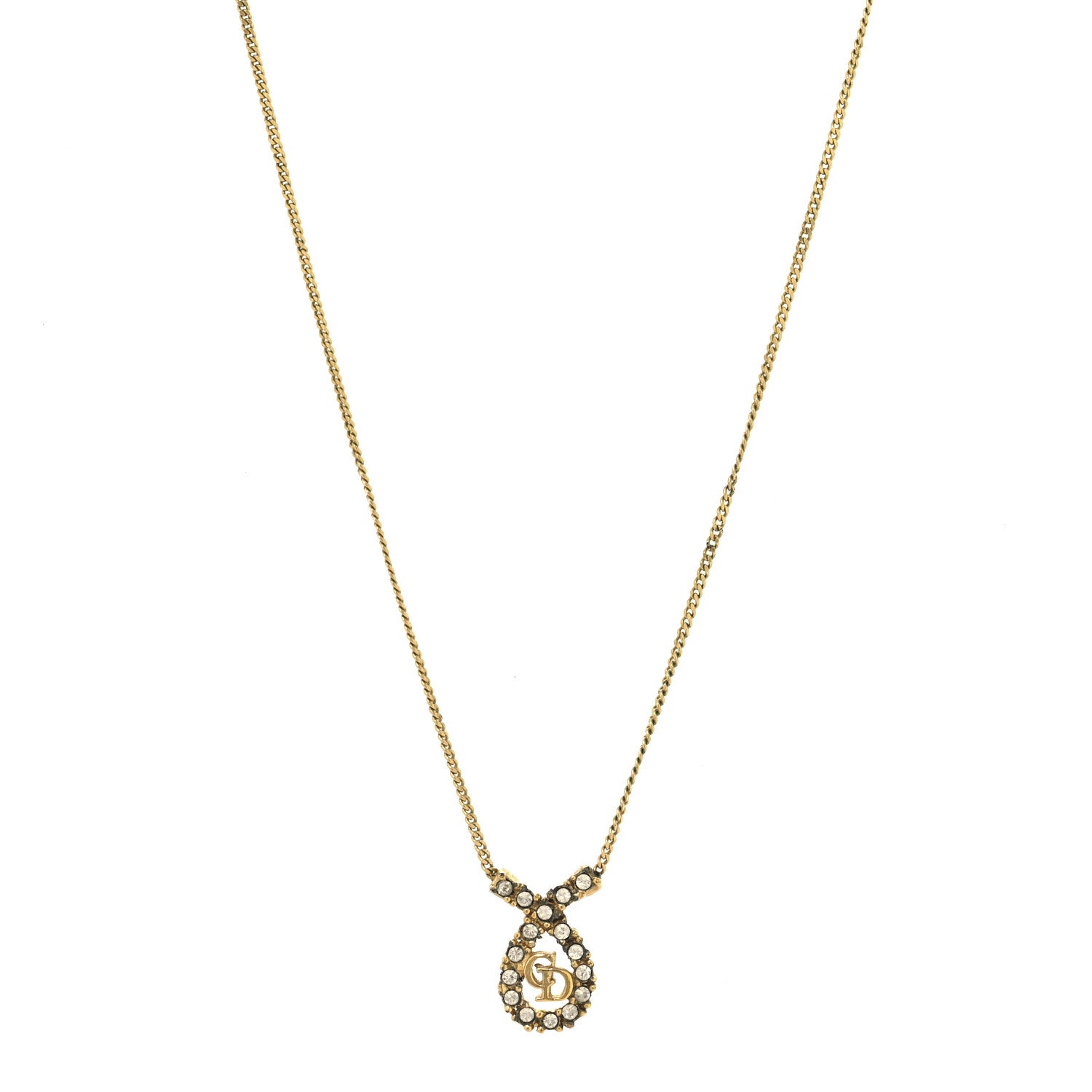 Christian Dior Metal Crystal CD Pendant Necklace Gold 1 of 4