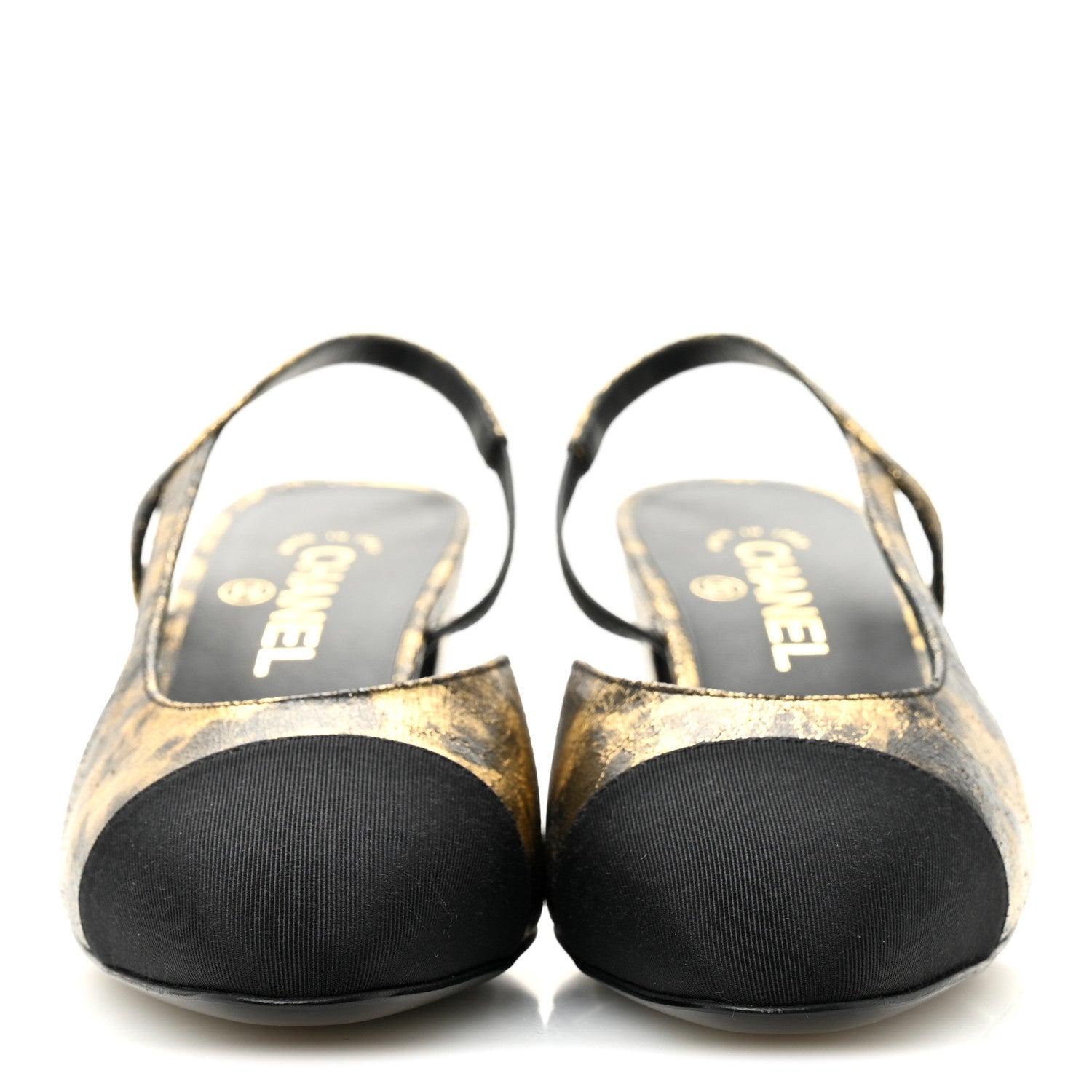 Chanel Laminated Lambskin Grosgrain Cap Toe CC Slingback Pumps 38 Gold Black 3 of 10