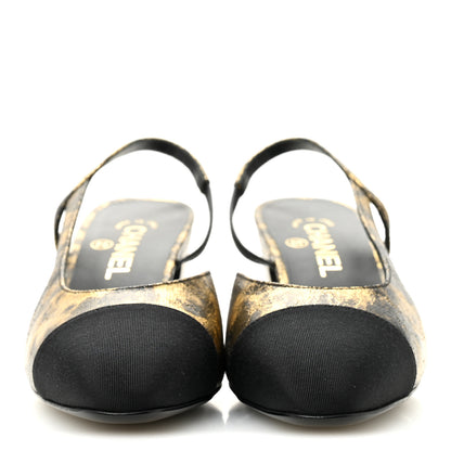 Chanel Laminated Lambskin Grosgrain Cap Toe CC Slingback Pumps 38 Gold Black 3 of 10