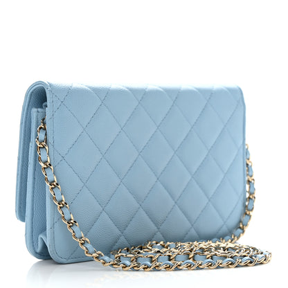 Chanel Caviar Quilted Crystal CC Wallet On Chain WOC Light Blue 2 of 12