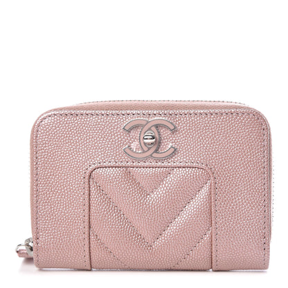 Chanel Metallic Caviar Chevron Quilted Vintage Mademoiselle Zip Coin Purse Pink 1 of 8