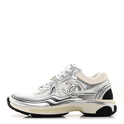 Chanel Fabric Laminated Calfskin Stretch CC Sneakers 39 White Silver 1 of 9