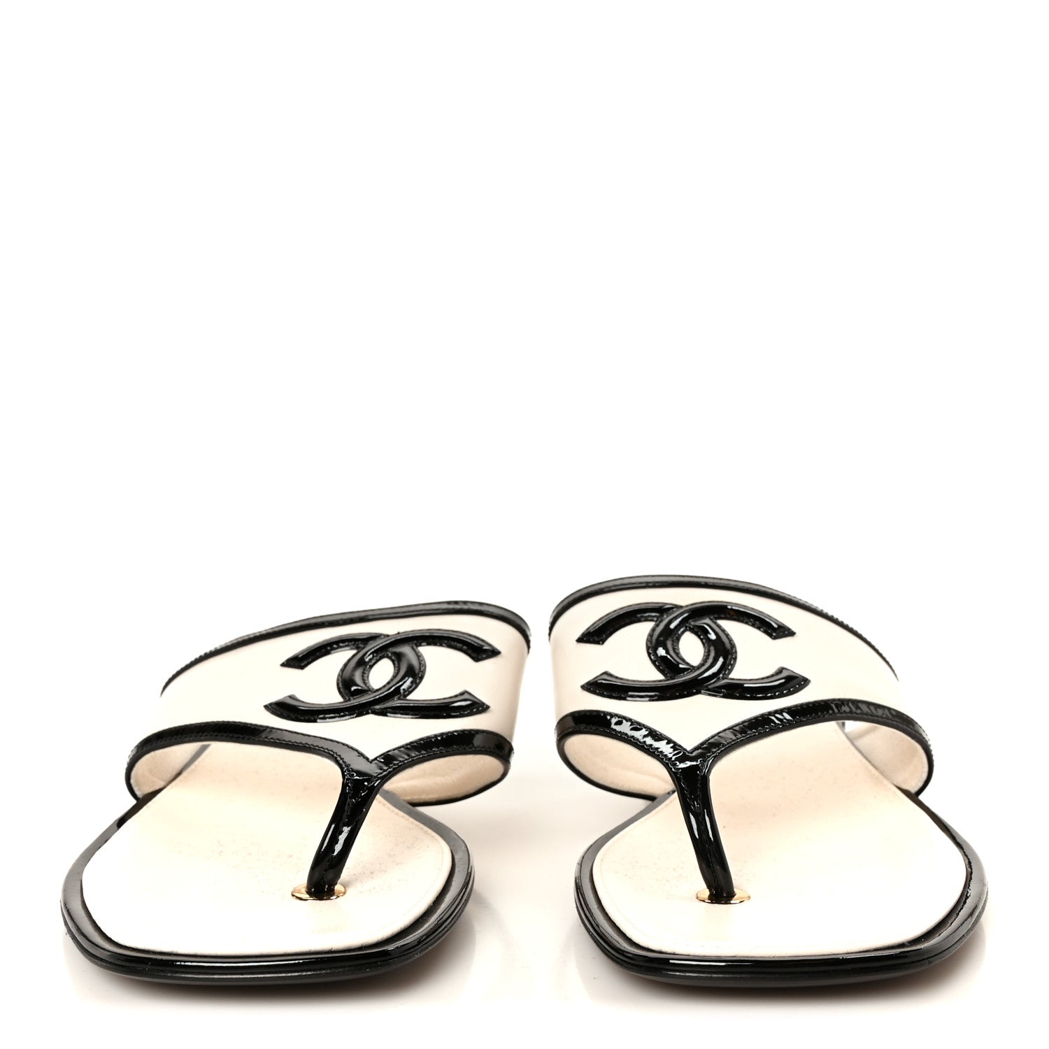 Chanel Lambskin Patent Calfskin CC Thong Sandals 37 White Black 3 of 9