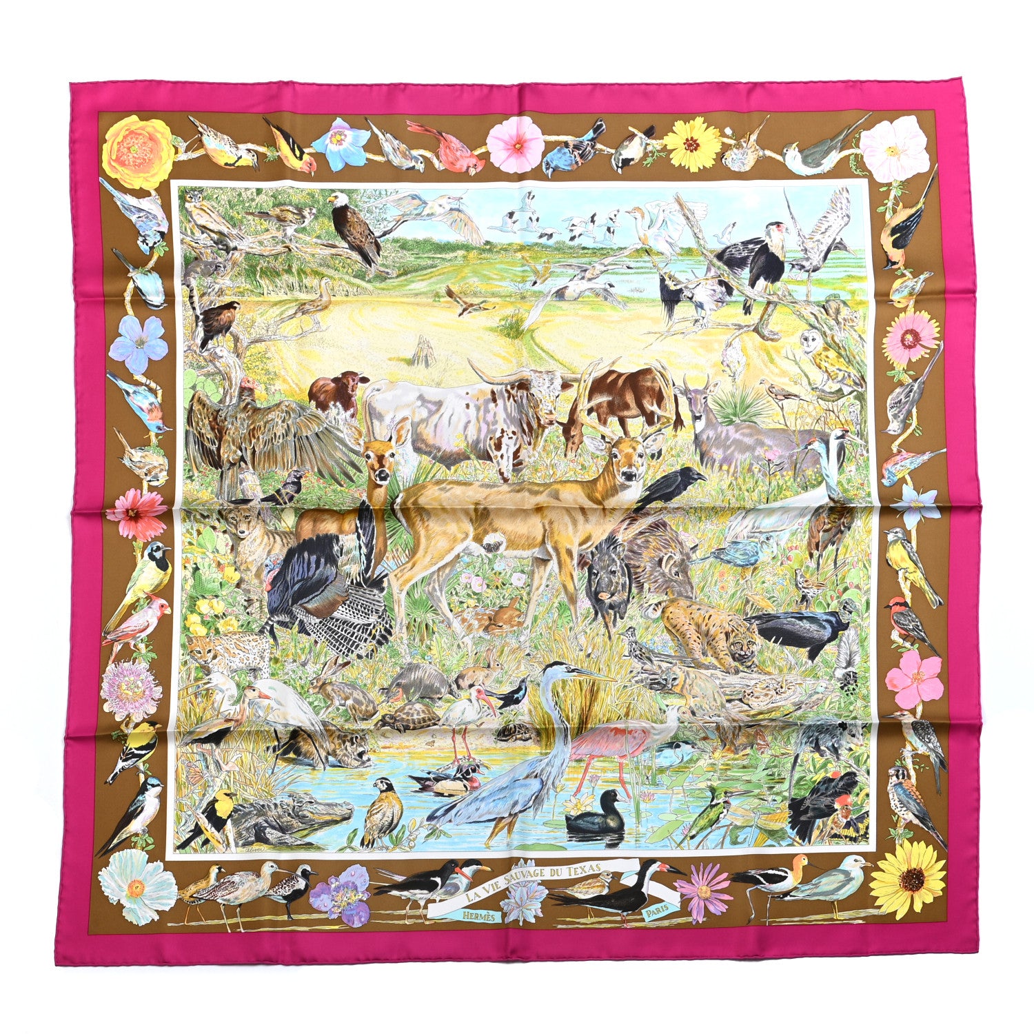 Hermes Silk La Vie Sauvage Du Texas Scarf 90 Rose Indien Tabac Vert 1 of 5