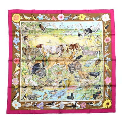 Hermes Silk La Vie Sauvage Du Texas Scarf 90 Rose Indien Tabac Vert 1 of 5