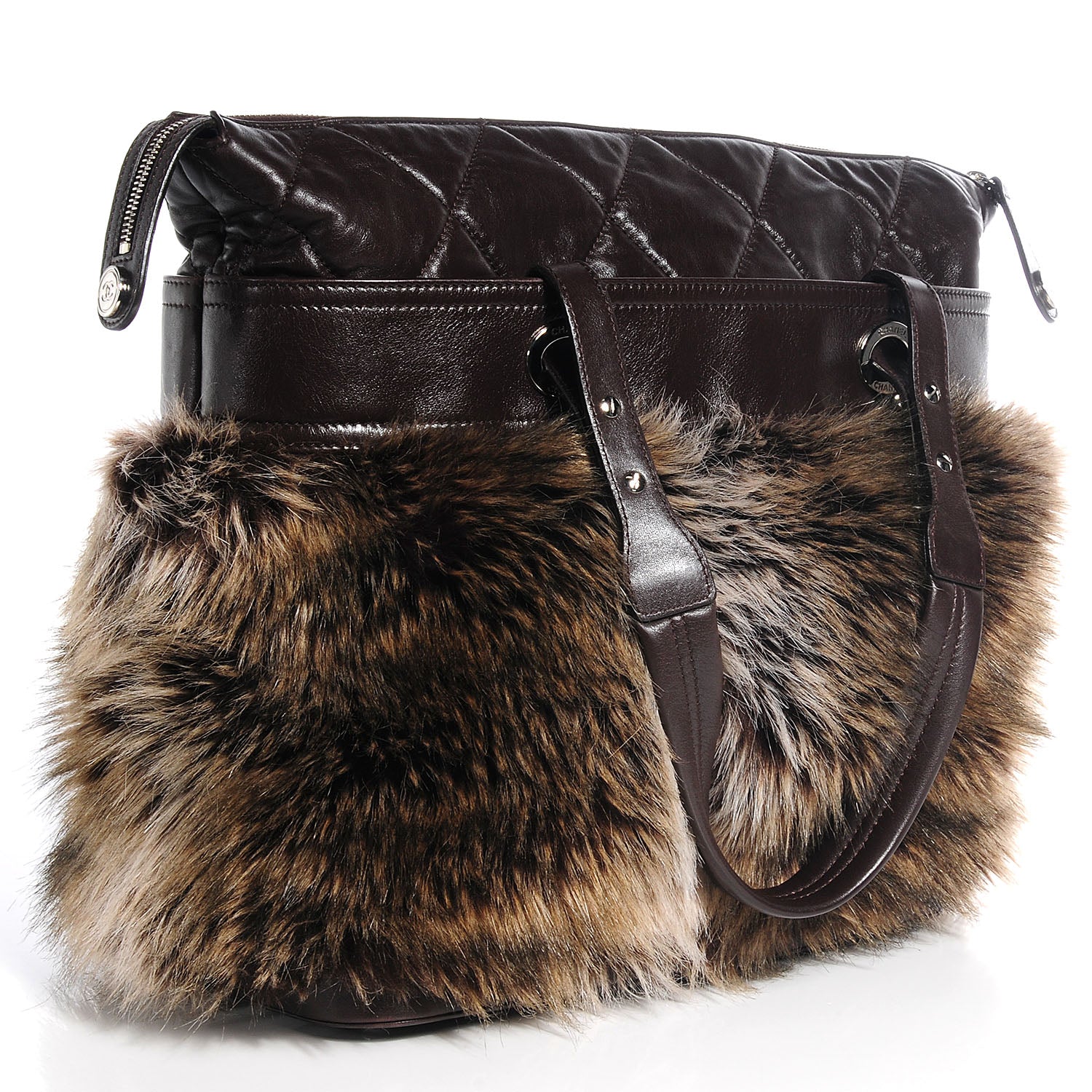 Chanel Quilted Lambskin Fantasy Fur Shopper Tote Brown 3 of 7