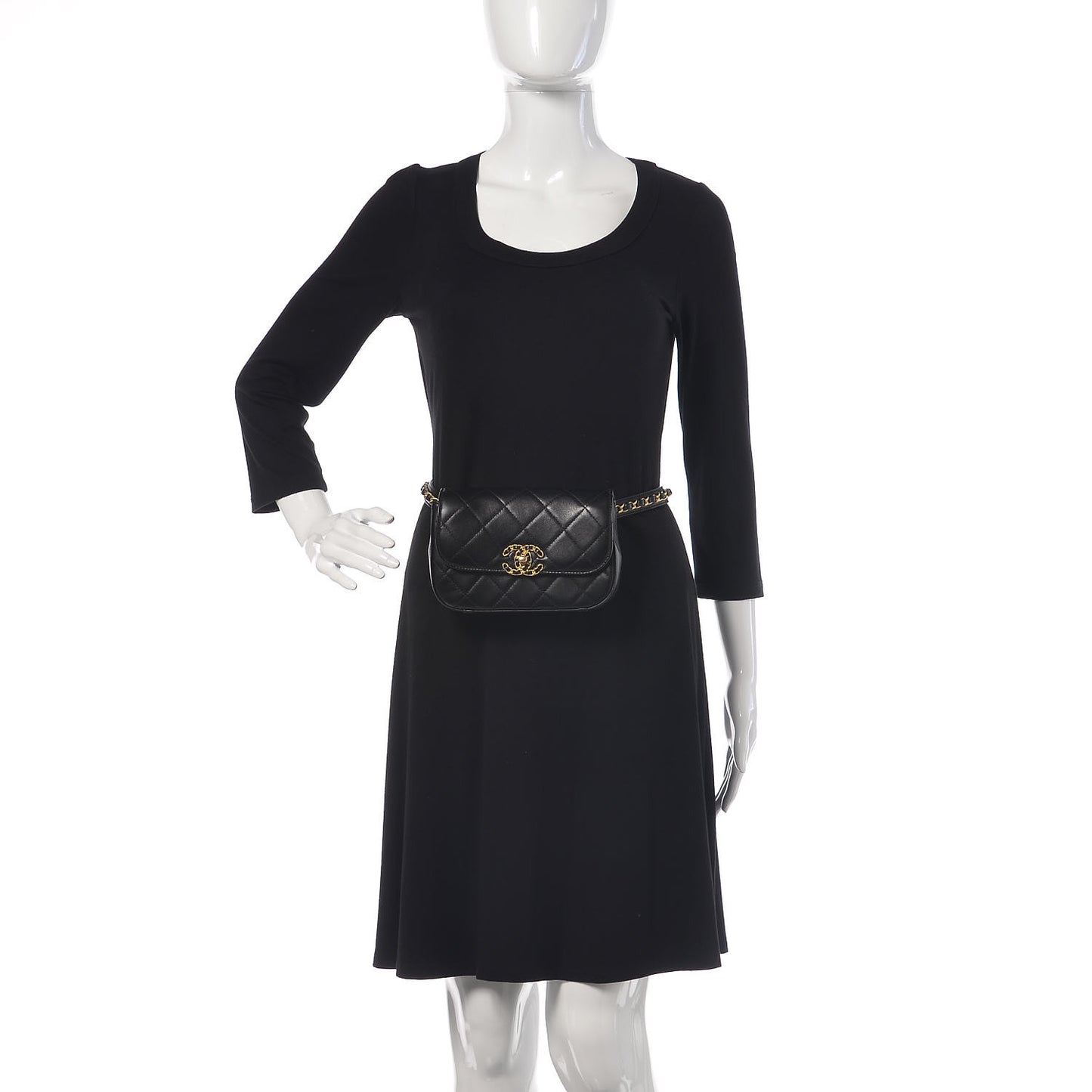 Lambskin Quilted Chain Infinity Waist Belt Bag Black