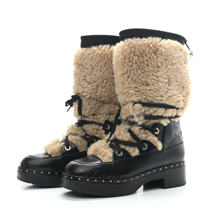 Chanel Patent Shearling Lace Up Boot 39 Black 3 of 6