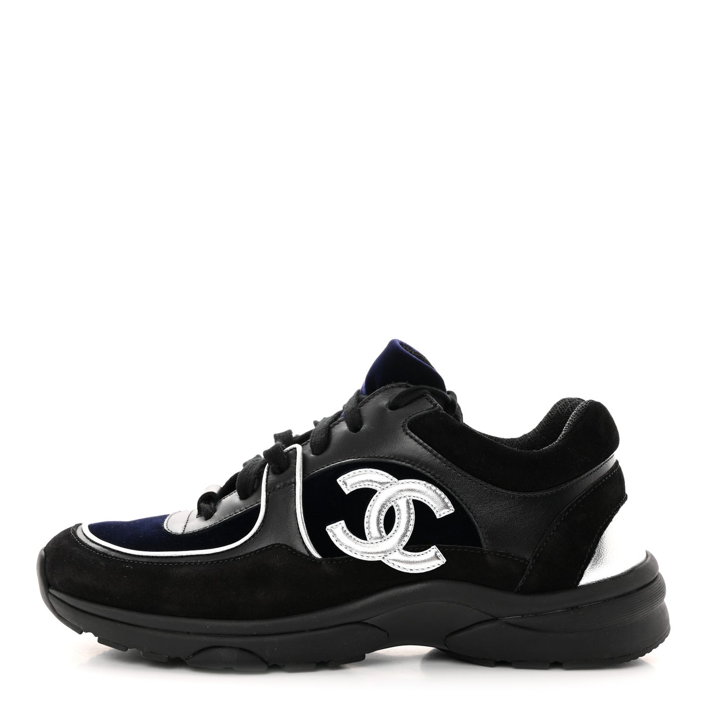 Suede Velvet Lambskin CC Sneakers 38.5 Black Blue Silver