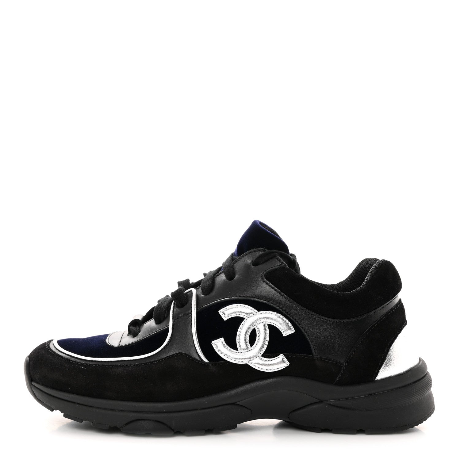 Chanel Suede Velvet Lambskin CC Sneakers 38.5 Black Blue Silver 1 of 9