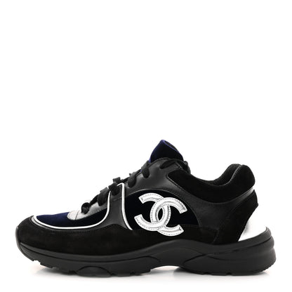 Chanel Suede Velvet Lambskin CC Sneakers 38.5 Black Blue Silver 1 of 9