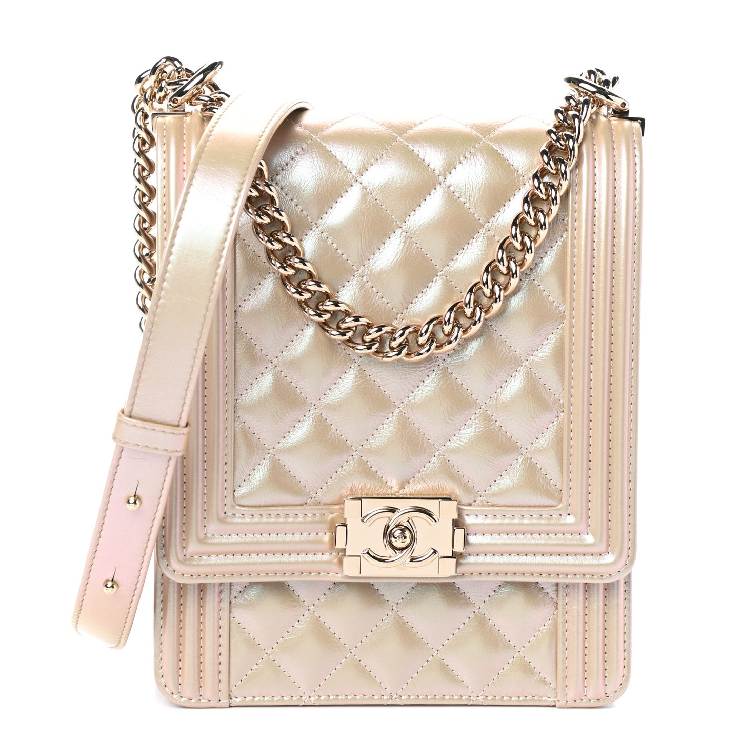 Iridescent Calfskin Quilted North South Boy Flap Beige