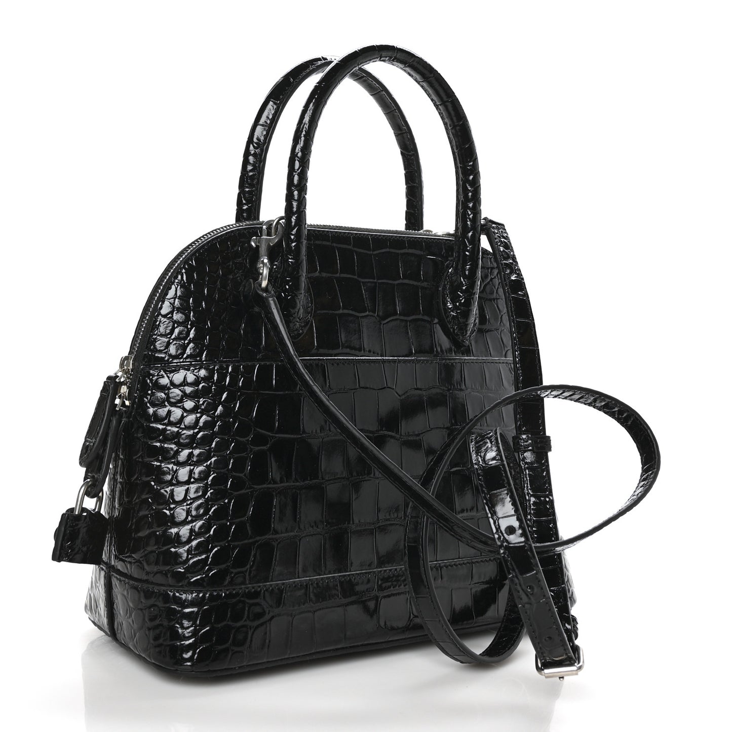 Shiny Calfskin Logo Crocodile Embossed S Ville Top Handle Bag Black White