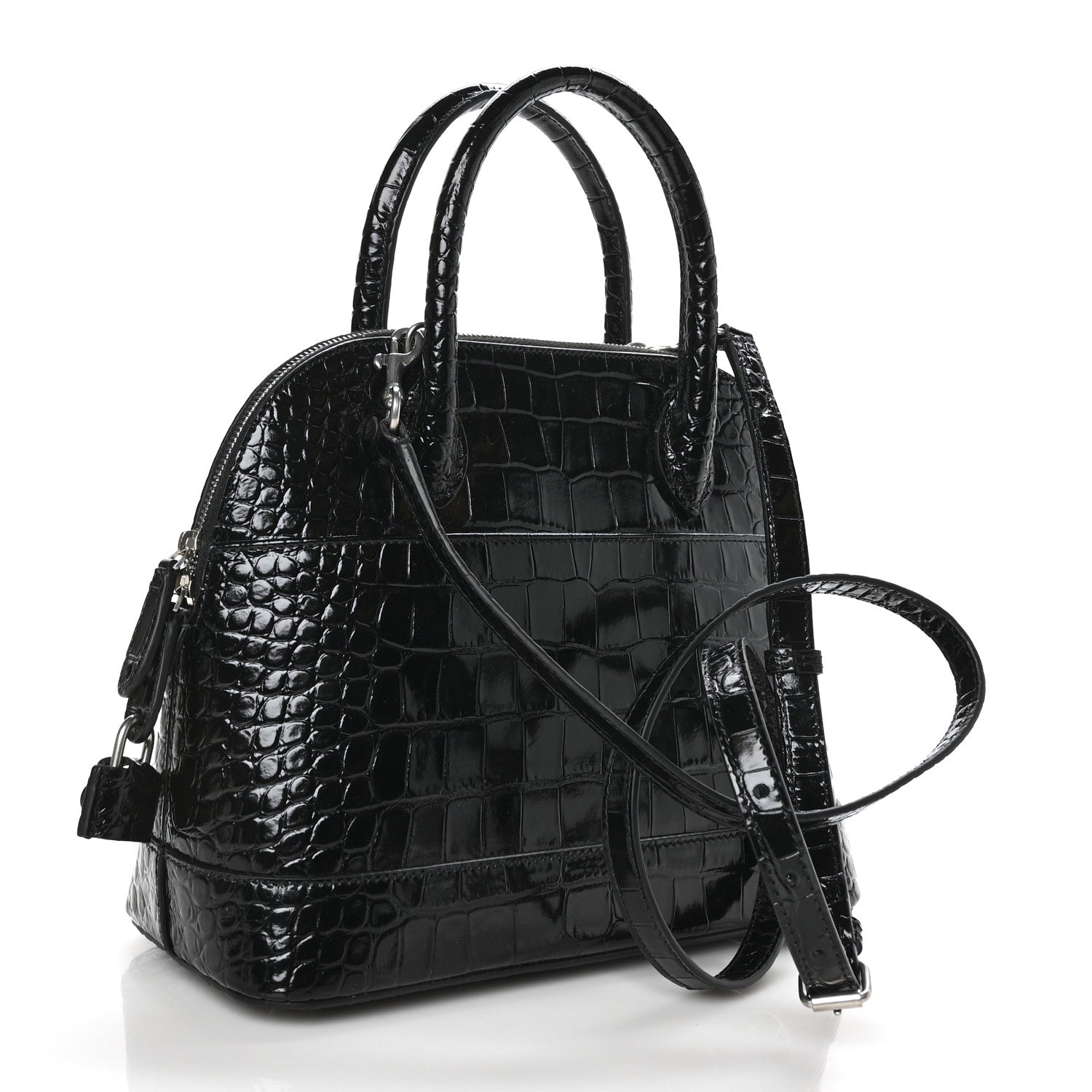Balenciaga Shiny Calfskin Logo Crocodile Embossed S Ville Top Handle Bag Black White 3 of 7