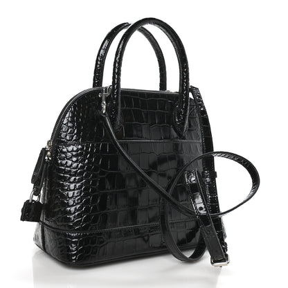 Balenciaga Shiny Calfskin Logo Crocodile Embossed S Ville Top Handle Bag Black White 3 of 7