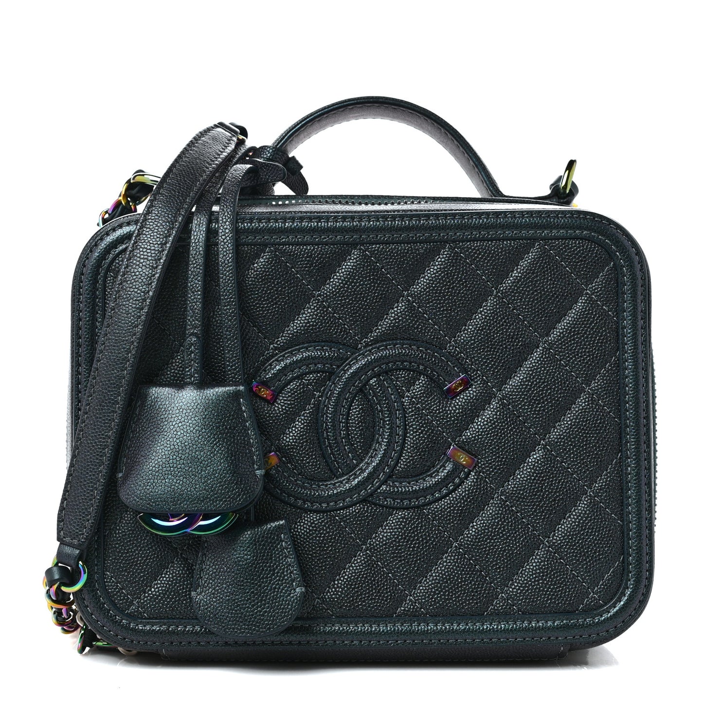 Iridescent Caviar Quilted Medium CC Filigree Vanity Case Dark Turquoise