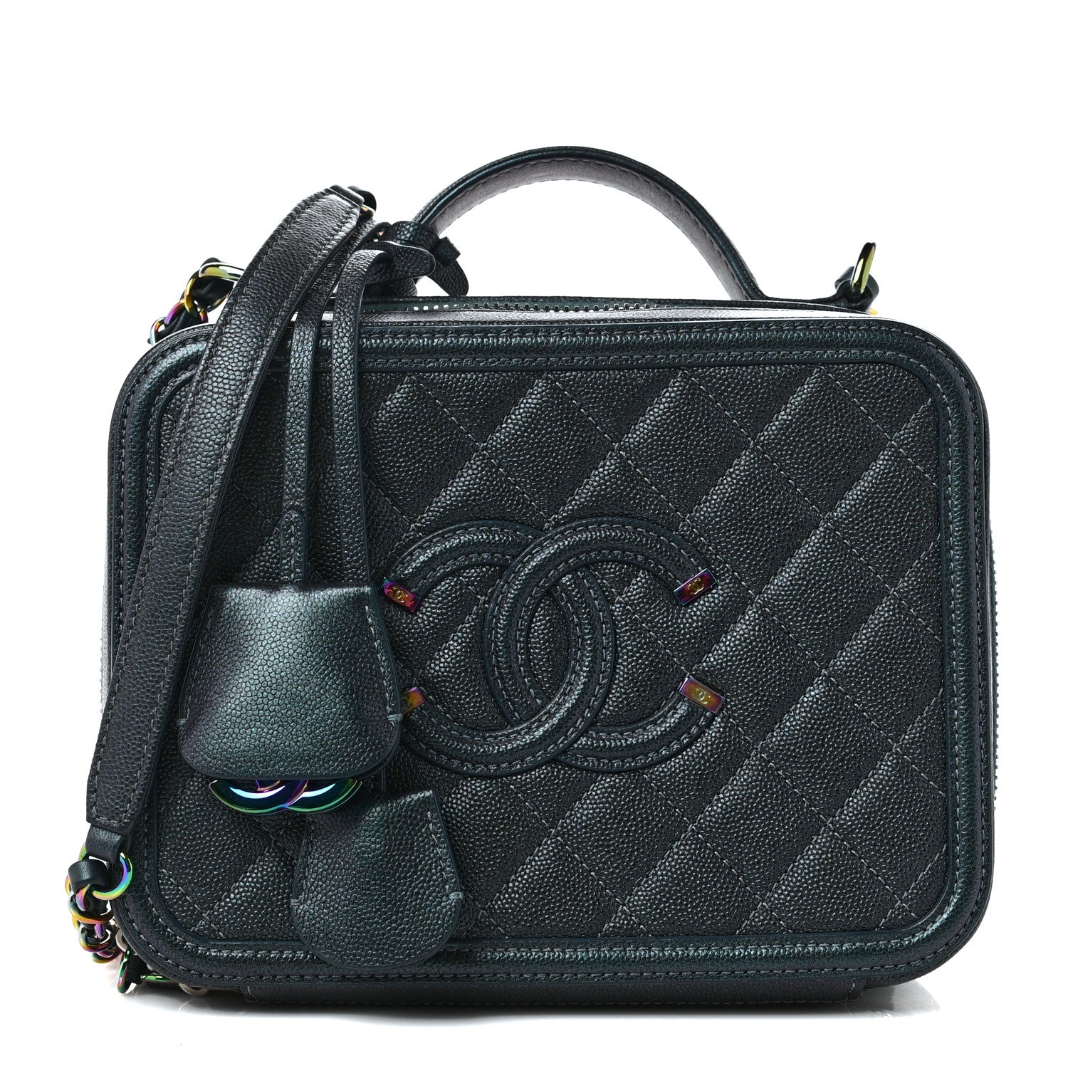 Chanel Iridescent Caviar Quilted Medium CC Filigree Vanity Case Dark Turquoise 1 of 9