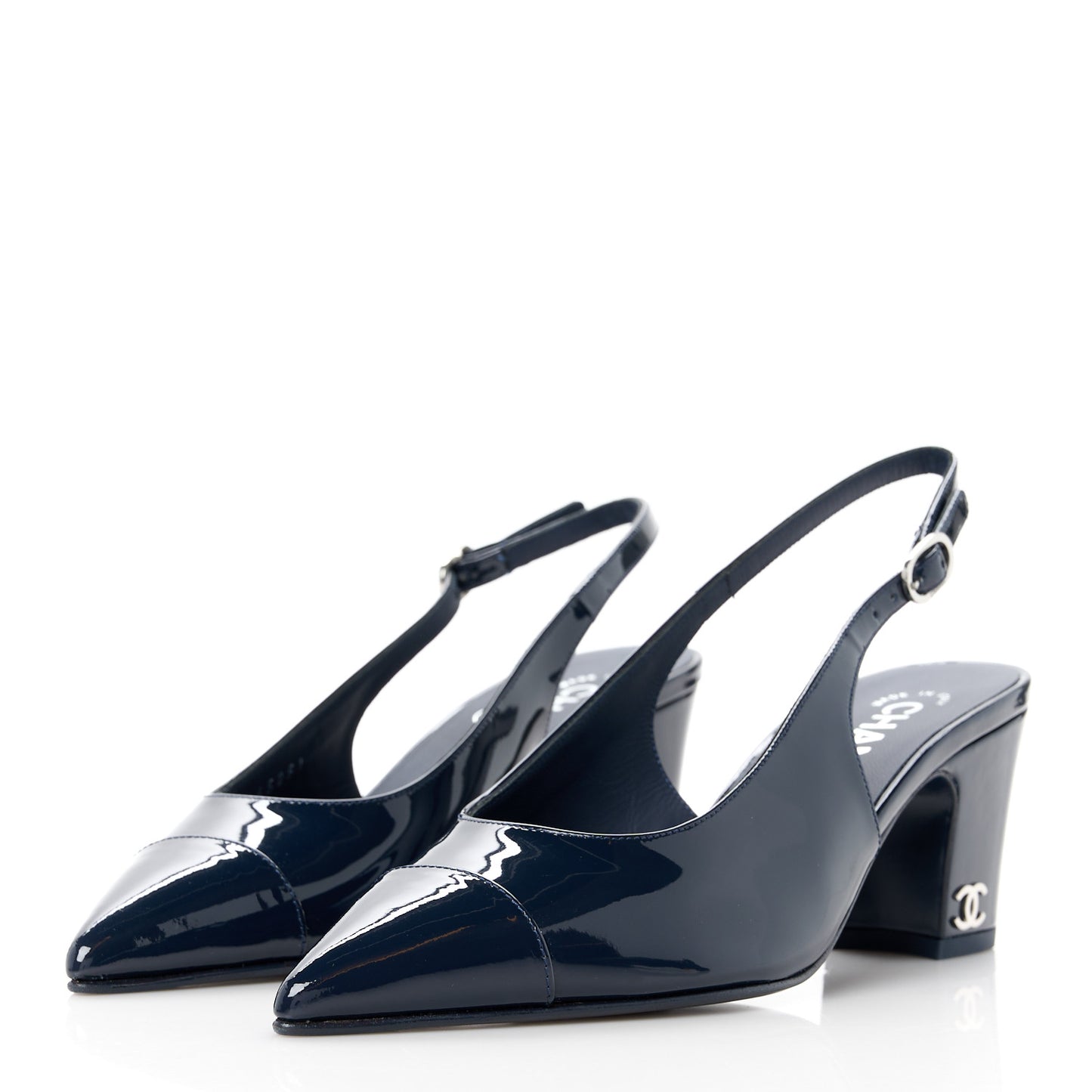 Patent Calfskin Cap Toe CC Slingback Pumps 35 Navy Blue