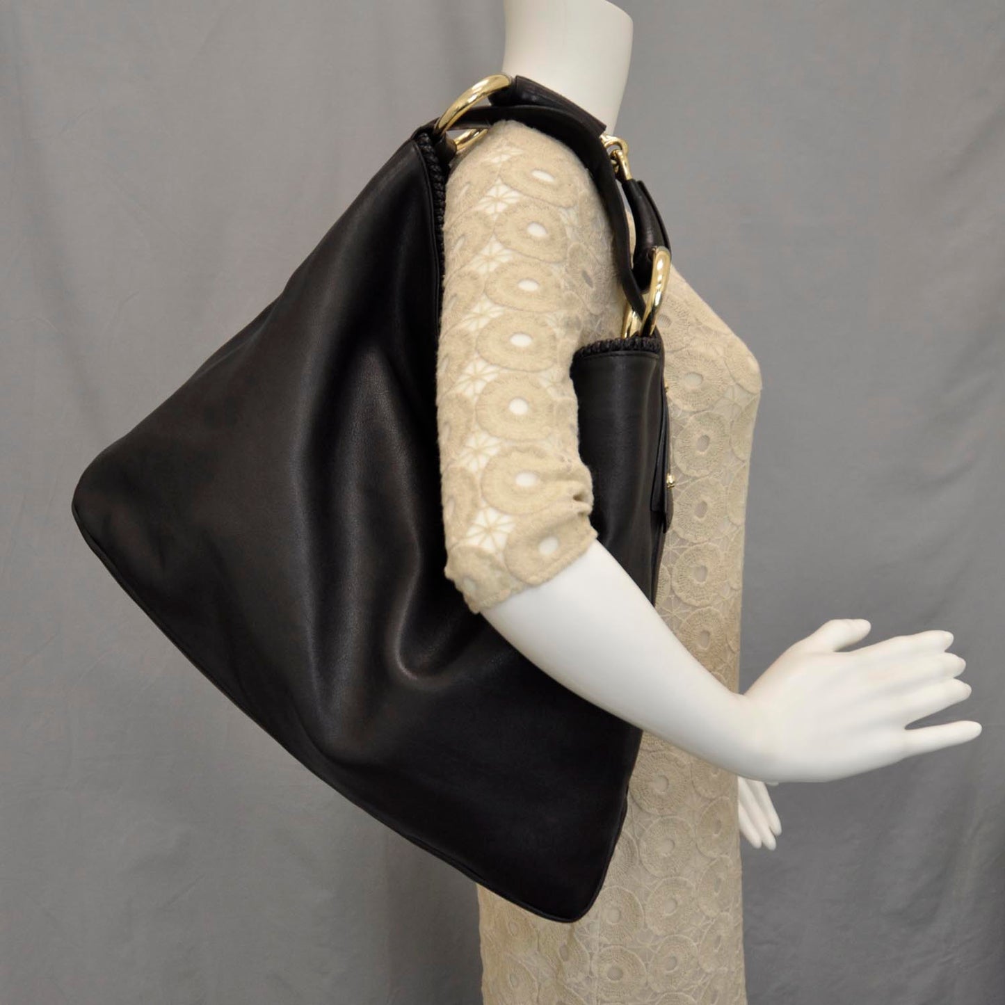 Leather Large Horsebit Chain Hobo Black