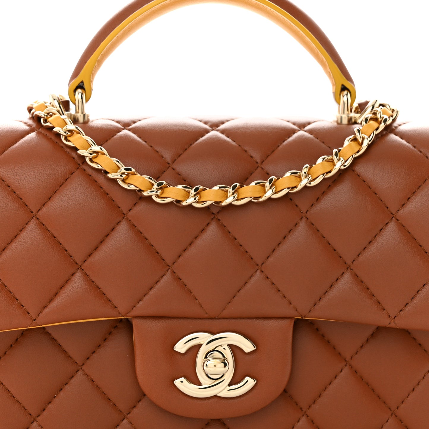 Lambskin Quilted Bi-Color Mini Top Handle Rectangular Flap Light Brown Yellow