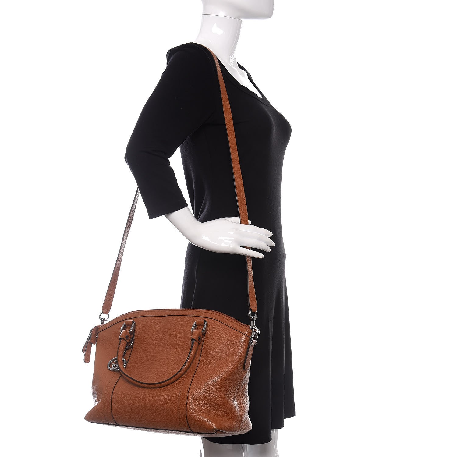 Gucci Pebbled Calfskin Medium GG Convertible Dome Satchel Brown 2 of 12
