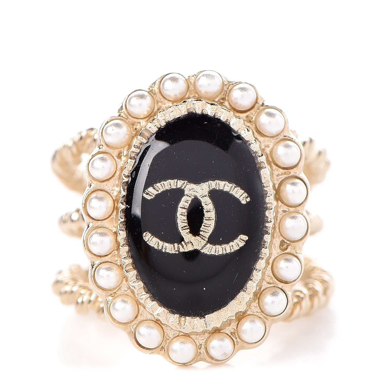 Chanel Enamel Pearl CC Ring 5.5 Black Gold 1 of 5