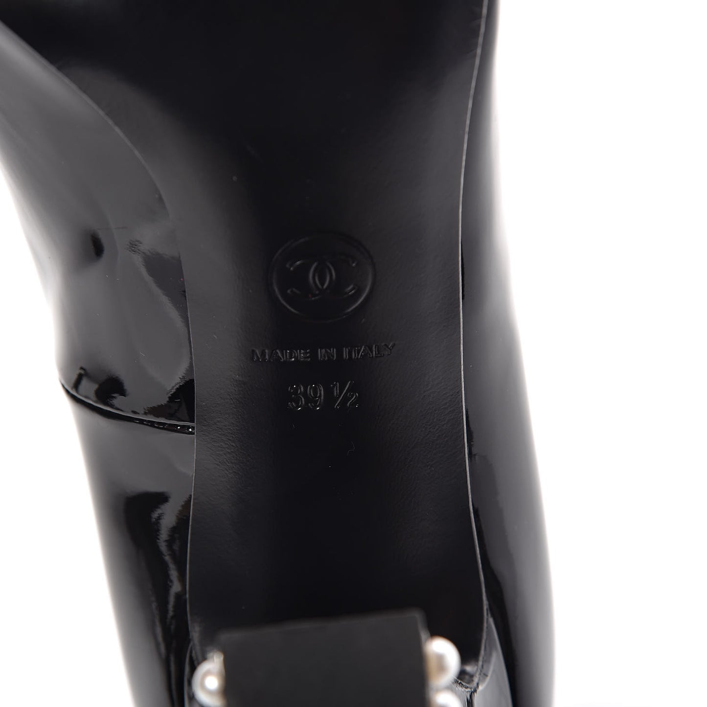 Patent Calfskin Pearl CC Open Toe Pumps 39.5 Black