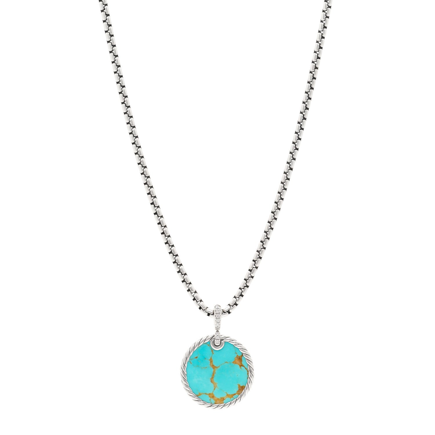 David Yurman Sterling Silver Diamond Mother of Pearl Turquoise 24mm DY Elements Reversible Pendant Box Chain Necklace 1 of 4