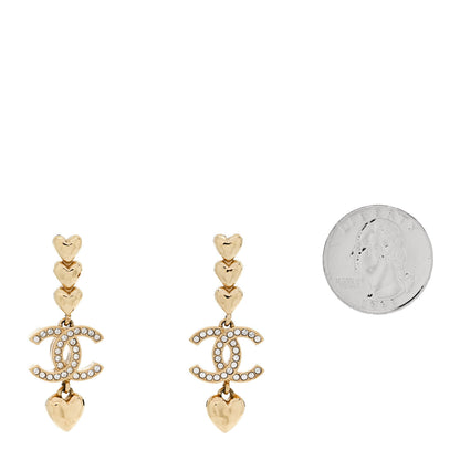 Chanel Metal Crystal CC Heart Long Drop Earrings Gold 2 of 5