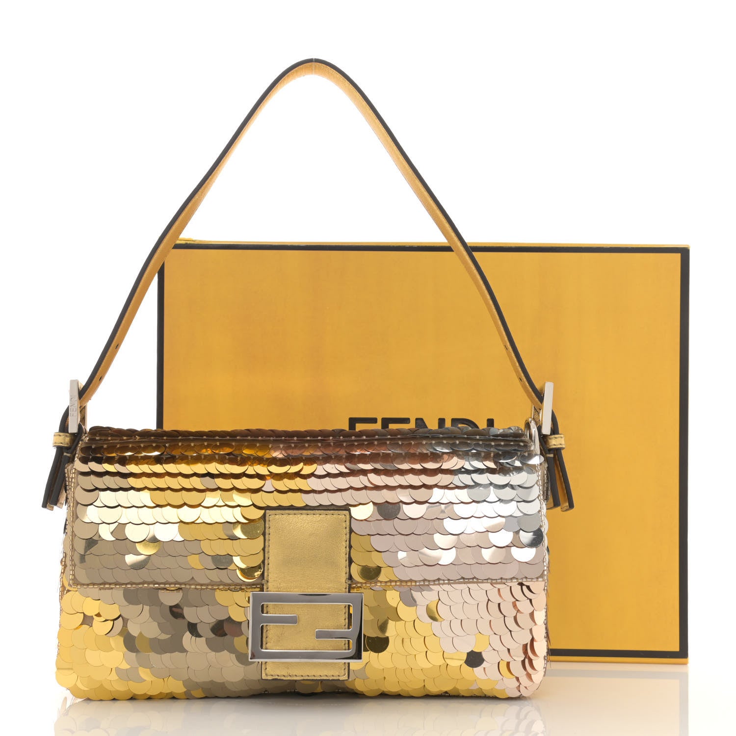 Fendi Sequin Paillettes Vitello Laminato Striped Baguette 1997 Oro Sfumato 14 of 14