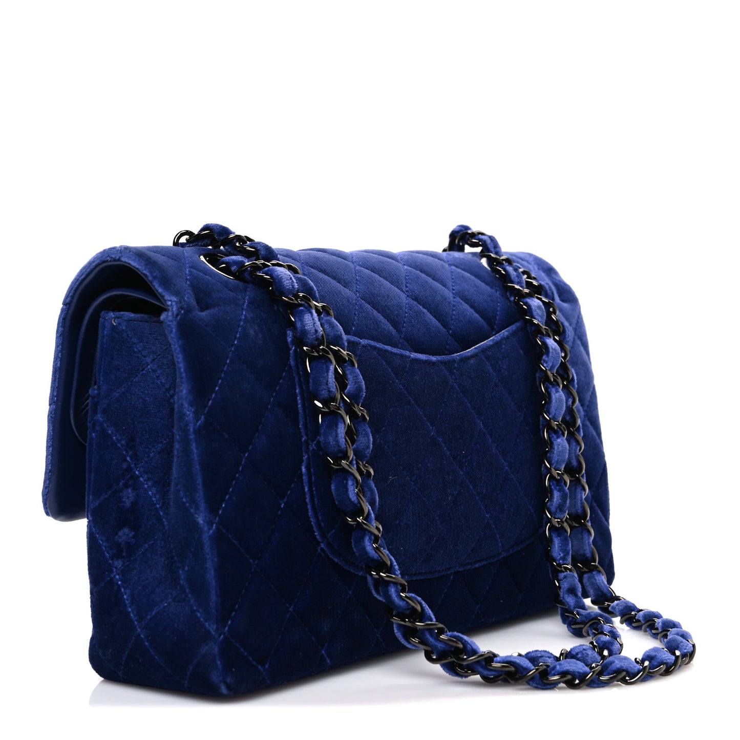 Velvet Quilted Medium Double Flap Navy Blue