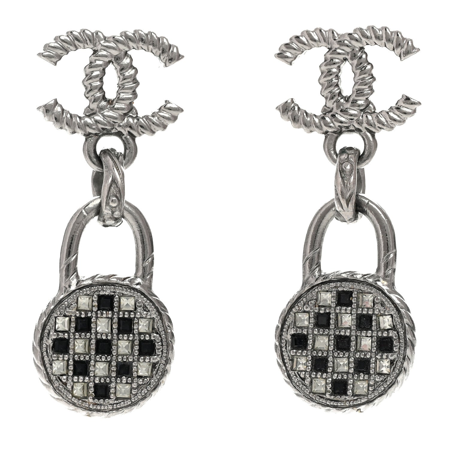 Chanel Ruthenium Crystal CC Drop Earrings Black Silver 1 of 5
