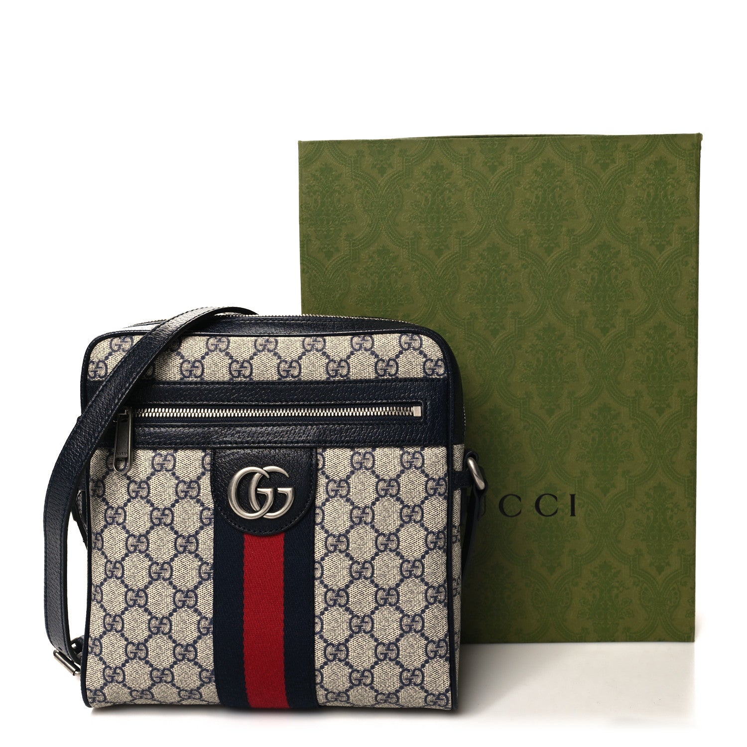 Gucci GG Supreme Monogram Textured Dollar Calfskin Web Small Ophidia Messenger Bag Beige Blue 12 of 12