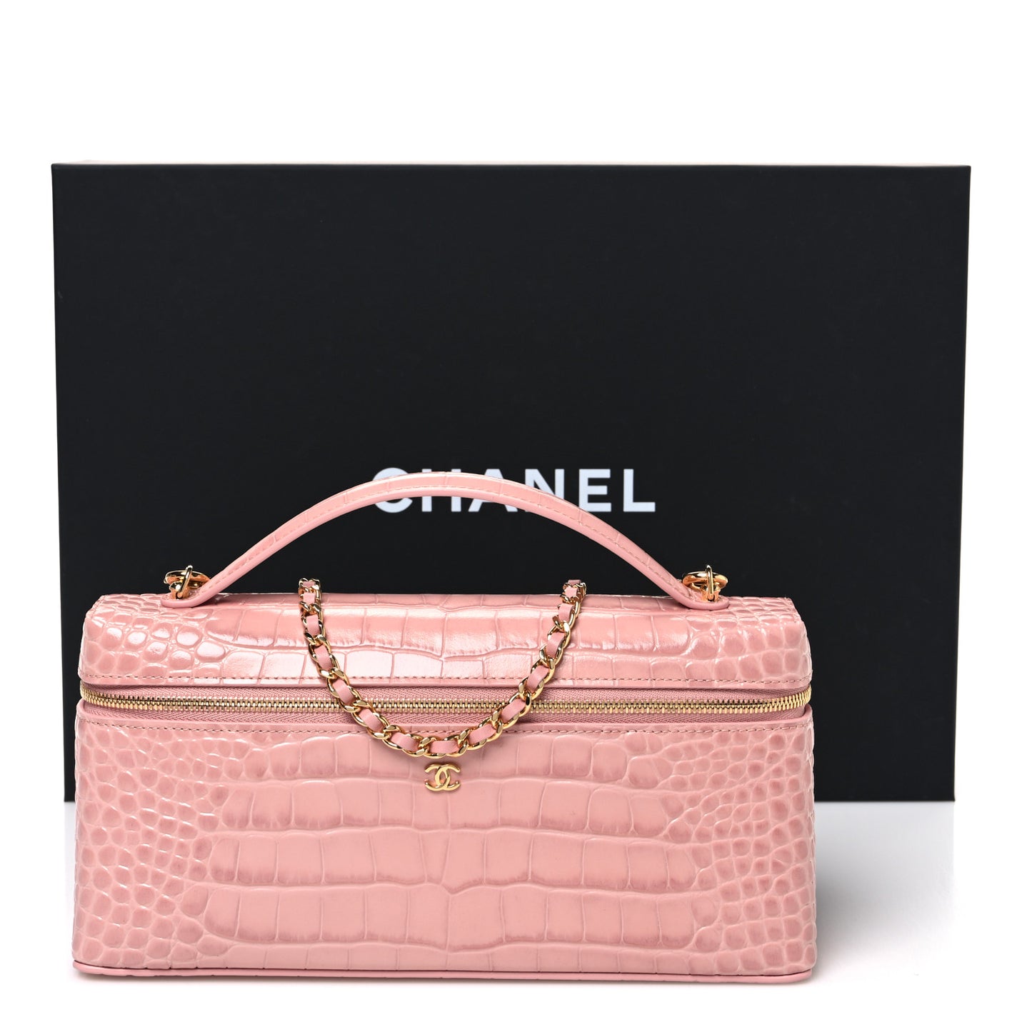 Calfskin Crocodile Embossed Crococo Top Handle Slim Vanity Case With Chain Pink