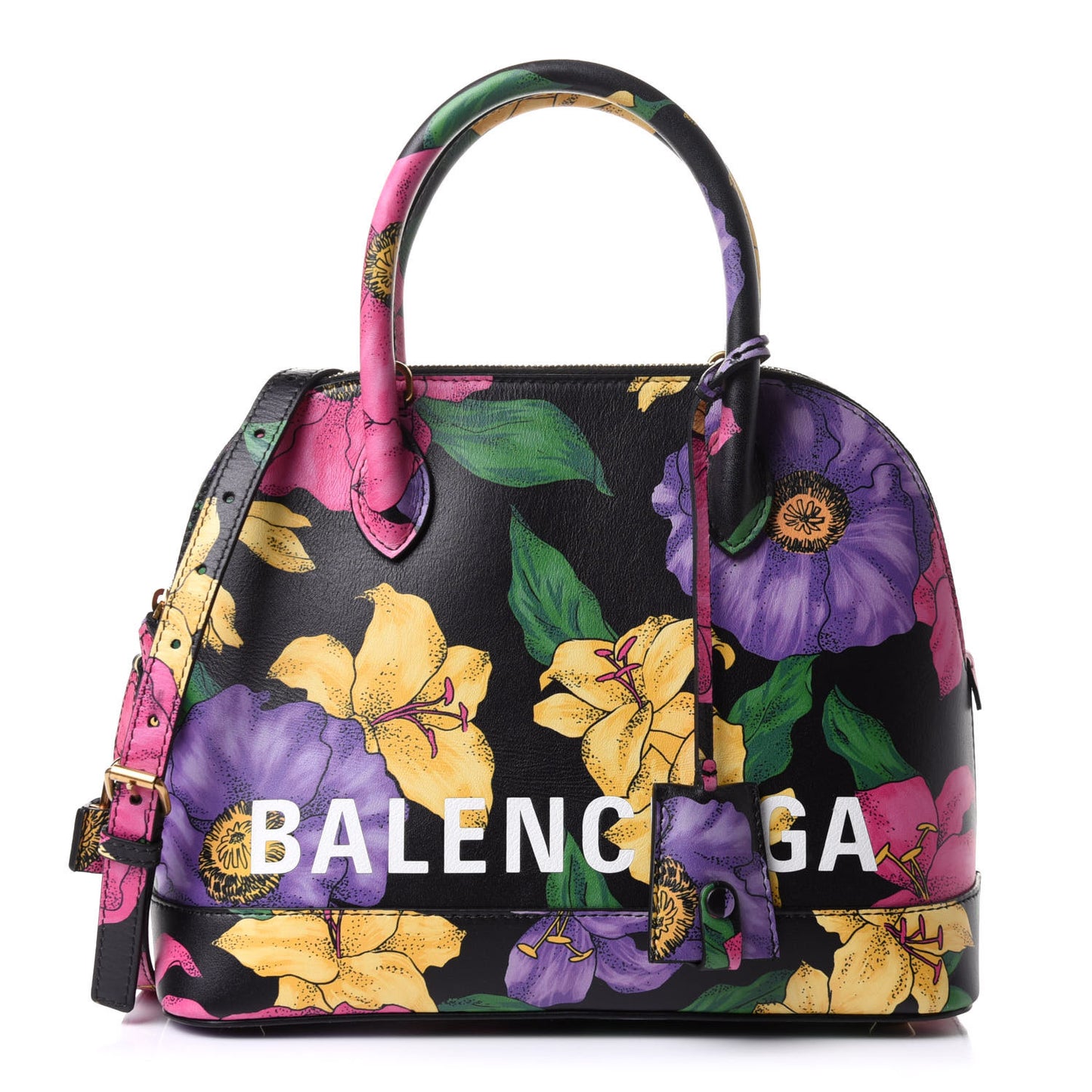 Smooth Calfskin Lush Floral Print S Ville Top Handle Bag Black Multicolor