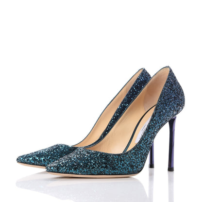 Jimmy Choo Coarse Glitter Degrade Romy 100 Pumps 38.5 Peacock Navy 3 of 10