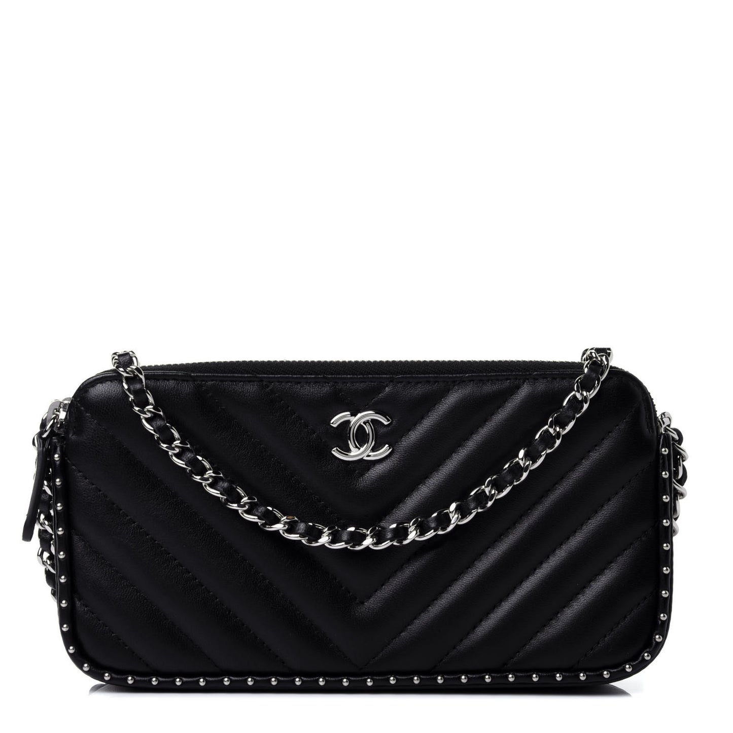 Lambskin Chevron Quilted Studded Small Clutch With Chain Black