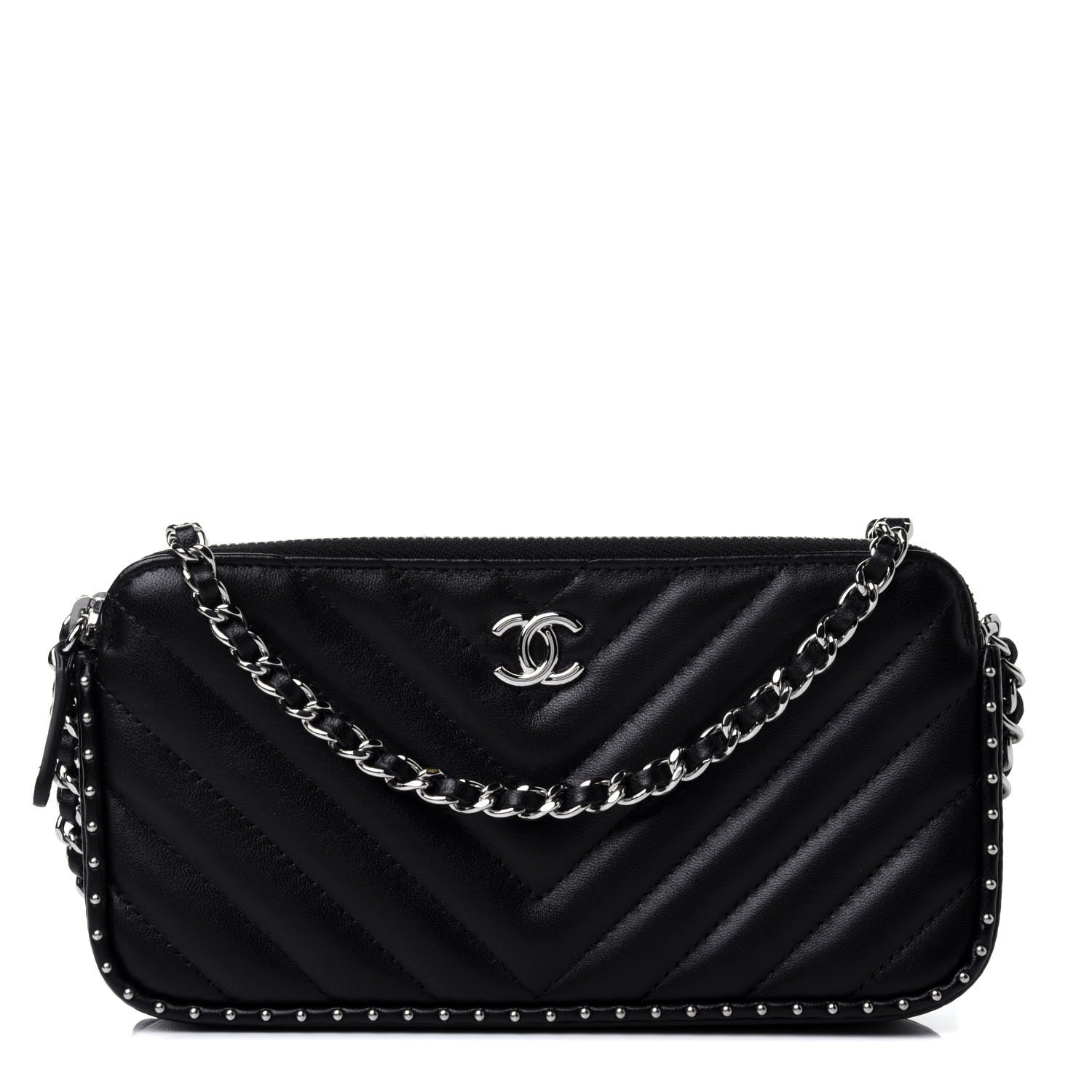 Chanel Lambskin Chevron Quilted Studded Small Clutch With Chain Black 1 of 4
