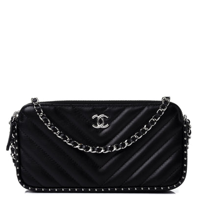 Chanel Lambskin Chevron Quilted Studded Small Clutch With Chain Black 1 of 4