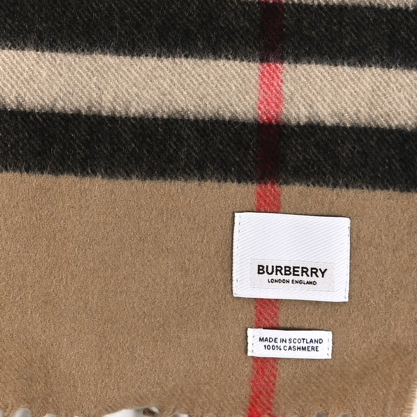 Cashmere Giant Check Fringe Scarf Camel