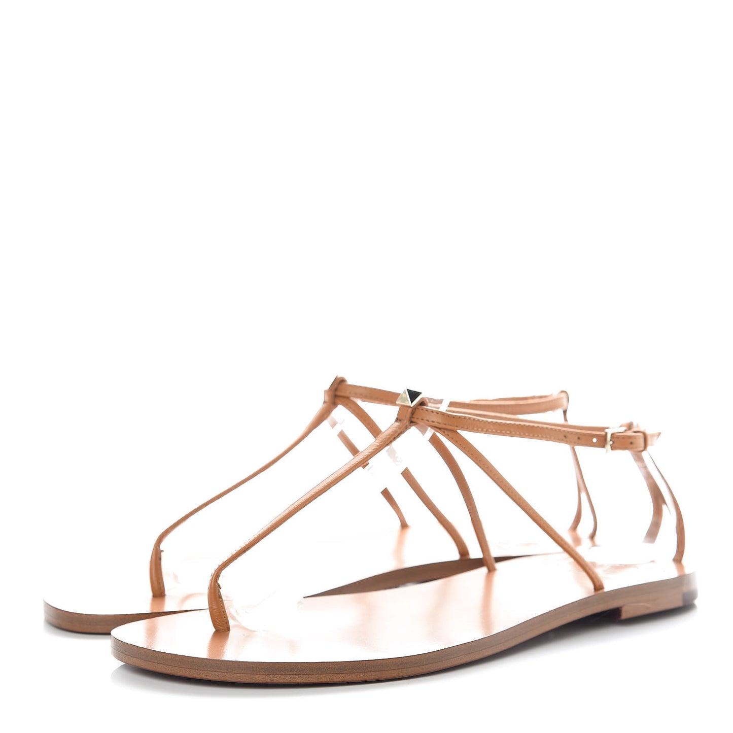 Calfskin Nude Rockstud T Strap Flat Thong Sandals 36 Brown