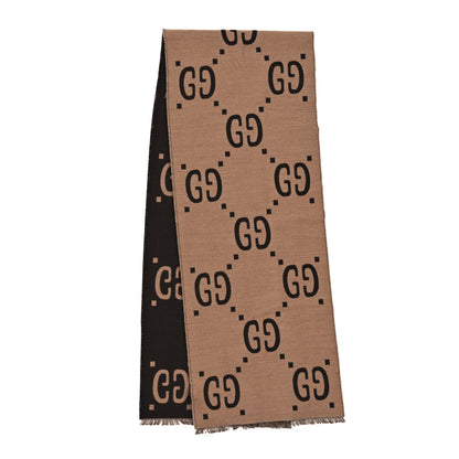 Gucci Wool Silk Monogram Jumbo GG Freedom Scarf Dark Brown Beige 2 of 3