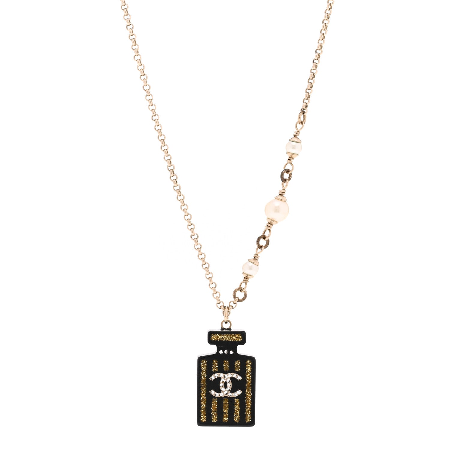 Chanel Resin Strass Pearl Perfume Bottle CC Necklace Black Gold 1 of 6