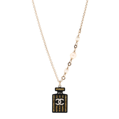 Chanel Resin Strass Pearl Perfume Bottle CC Necklace Black Gold 1 of 6