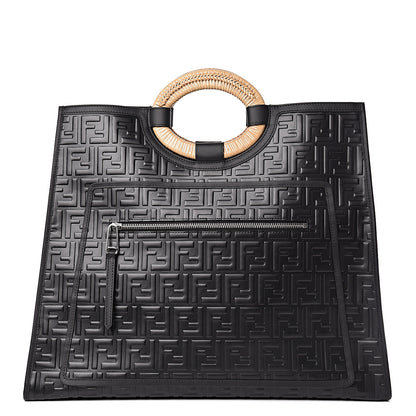 Fendi Vitello Century Wicker FF 1974 Embossed Large Runaway Shopper Tote Black 1 of 11